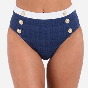 L'Agence Vanessa High Waist Bikini Bottom Marine Blue White Gold Buttons S NEW